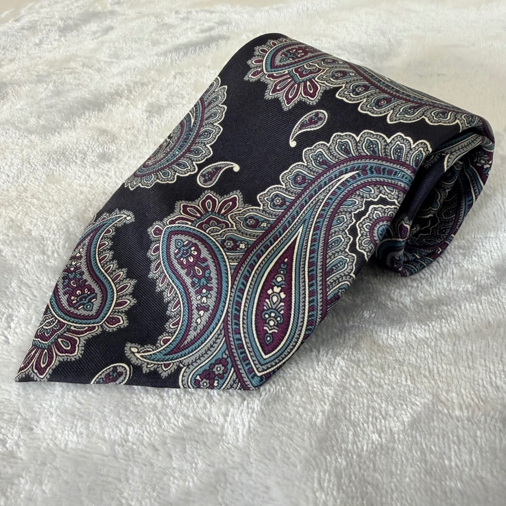 Andhurst Mens Silk Paisley Necktie Black Maroon Turquoise Made in USA Vintage